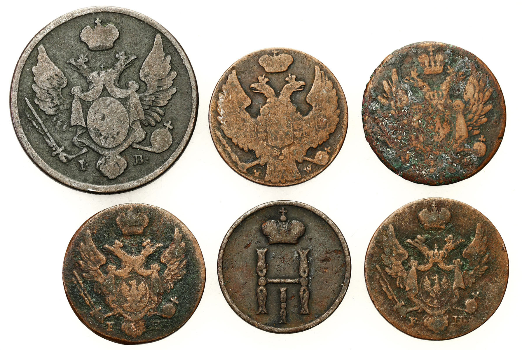 Polska XIX w./Rosja. Grosz 1817, 1830, 1840, 3 grosze 1826, dienieżka 1855, BM, zestaw 6 monet